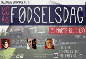 Grejsdalens Efterskole i Vejle fejrer 80 års fødselsdag den 7. marts med besøg af gruppen Hymns From Nineveh, Finn Nørbygaard og Kurt Leth.