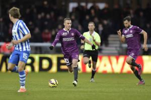 Martin Pusic brillerede ved Superliga-kampen mellem Esbjerg fB og FC Midtjyllandt i søndags ved at score tre mål i stræk. Og så gav han Gud æren. Foto: Holte Christer. Polfoto.