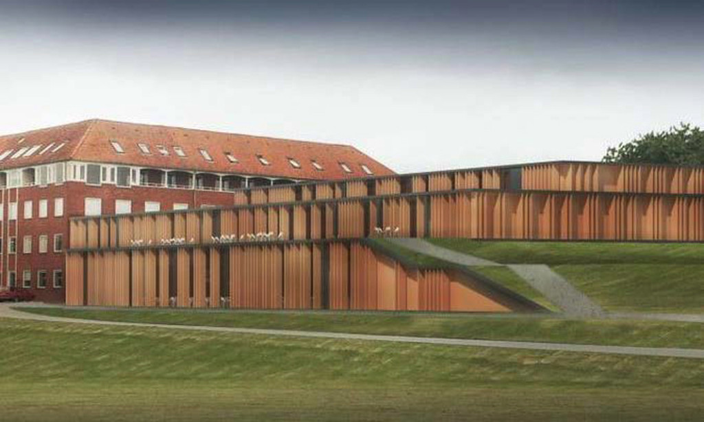 Sådan forestiller arkitektfirmaet sig den nye store kirkebygning ved siden af højskolen.