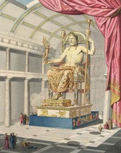 I den græske guldalderperiode stod skulptøren Fidias (ca. 480-430 f.Kr.) over alle andre. Han skabte en statue af Zeus til Olympias Zeus-tempel så overvældende, at den i antikken blev regnet for et af verdens syv vidundere. Den var 13 m høj og viser Zeus i siddende positur på en tronstol med sejrsgudinden Nike i den ene hånd, et scepter i den anden og en olivenkrans om hovedet. Materialerne var guld, marmor, elfenben, farvet glas og ædelstene. I øvrigt blev den ødelagt i det 5. årh. e.Kr. men kendes fra beskrivelser og mønter (jf. side 16). Foto: © Wikimedia commons.