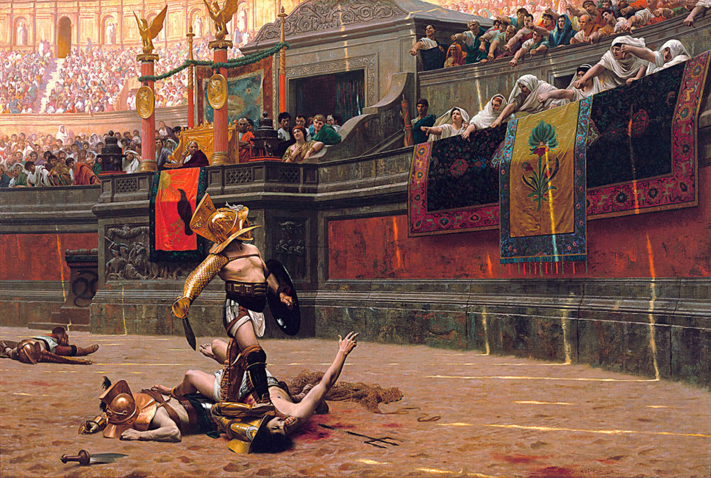 Jean-Léon Gérômes maleri af en gladiatorkamp i Roms Colosseum (1872), inspireret af de ekceptionelle fund af gladiatorudstyr i Pompeji, der var blevet bevaret under Vesuvs aske. Ideen med at vende tomlen op og ned er ikke kendt fra antikke kilder. Foto: © Wikimedia commons.