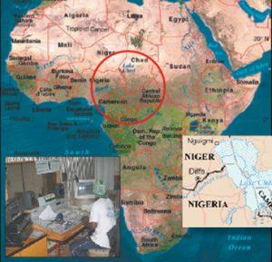 Det er i det indcirklede område, at vores radiofolk arbejder. Bl.a. sendes der udsendelser til området ved Tchad-søen, som myndighederne ikke har kontrol over. Men radioen gør sin virkning.